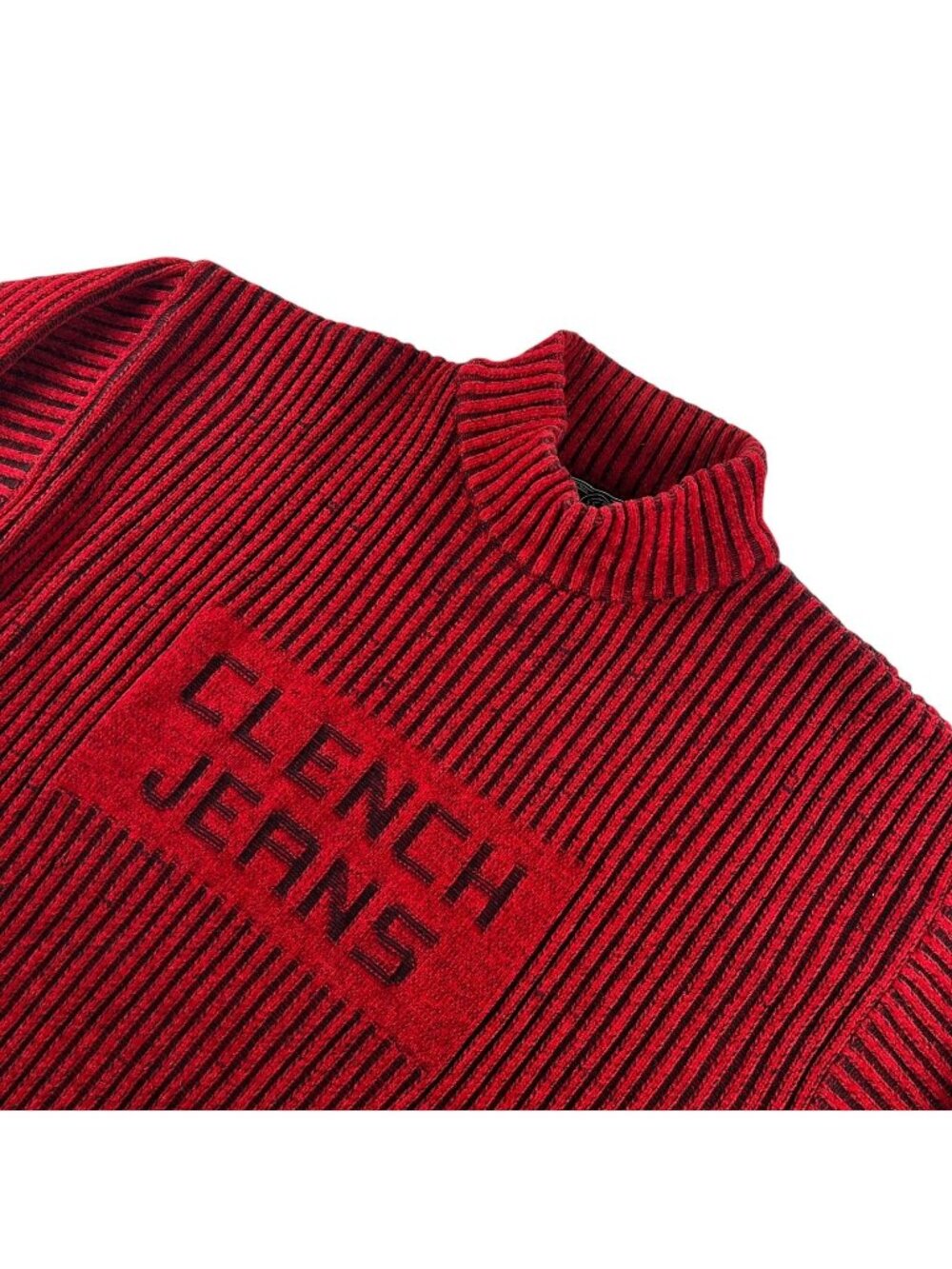 VTG Clench Jeans Men's Acrylic Y2K Ribbed Spell Out Sweater Red • 2XL